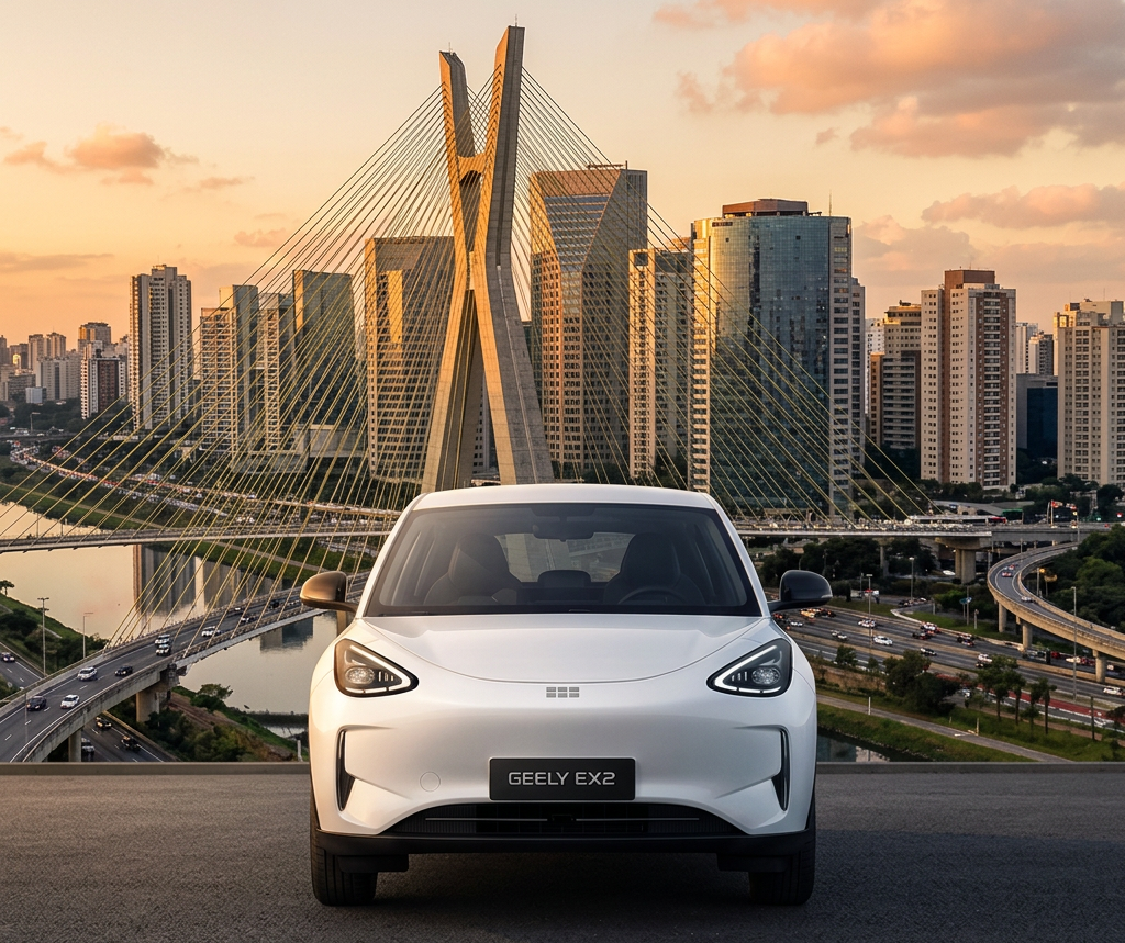 Geely EX2 branco em frente à Ponte Estaiada em São Paulo
