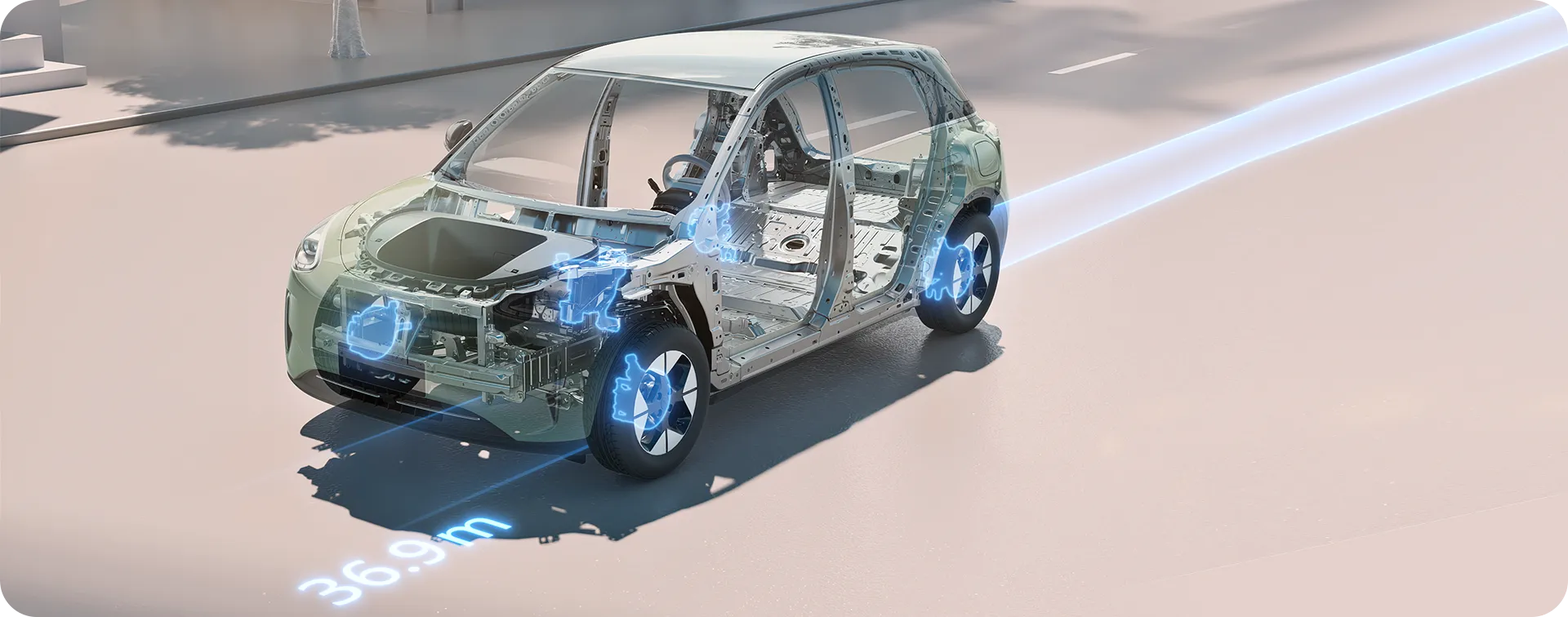 Estrutura do Geely EX2 com destaque para a tração traseira e suspensão