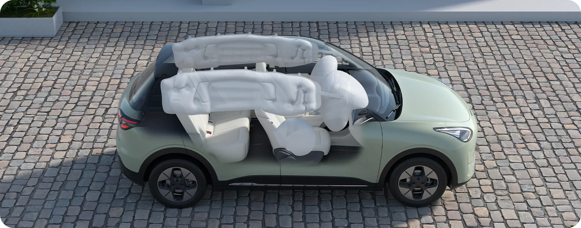 Ilustração dos seis airbags do Geely EX2